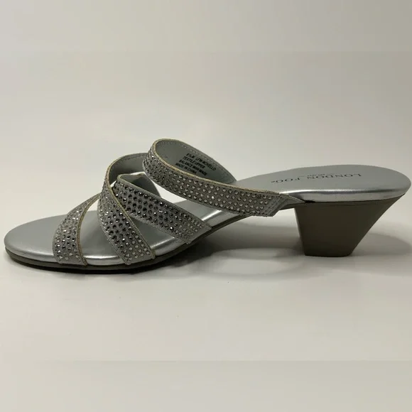 London Fog Rhinestone Silver Strappy Open Toe Slip On Kitten Heel Size 6.5 NWOB - Picture 4 of 9